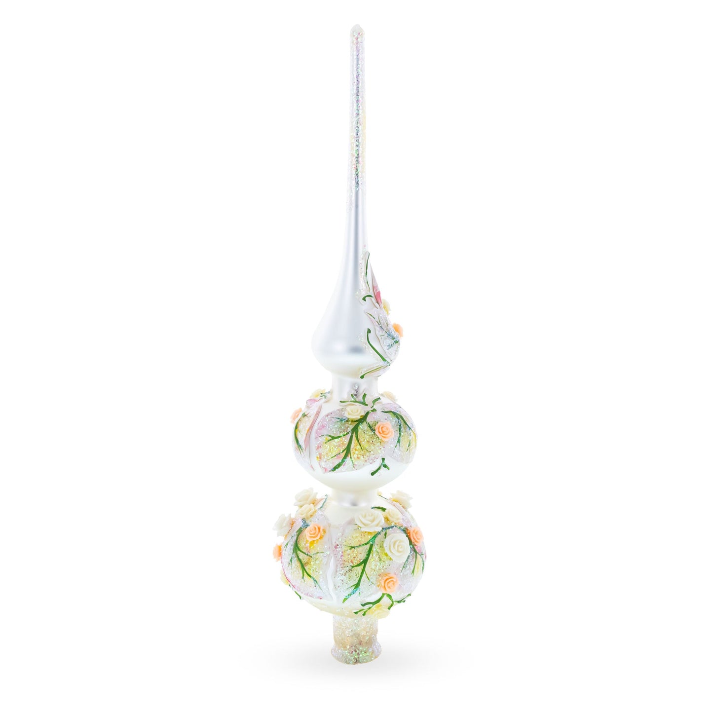 Pink and White Roses Bouquet on Double Ball Glass Christmas Tree Topper 12.5 Inches