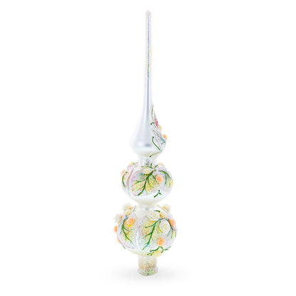 Pink and White Roses Bouquet on Double Ball Glass Christmas Tree Topper 12.5 Inches