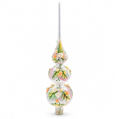 Pink and White Roses Bouquet on Double Ball Glass Christmas Tree Topper 12.5 Inches