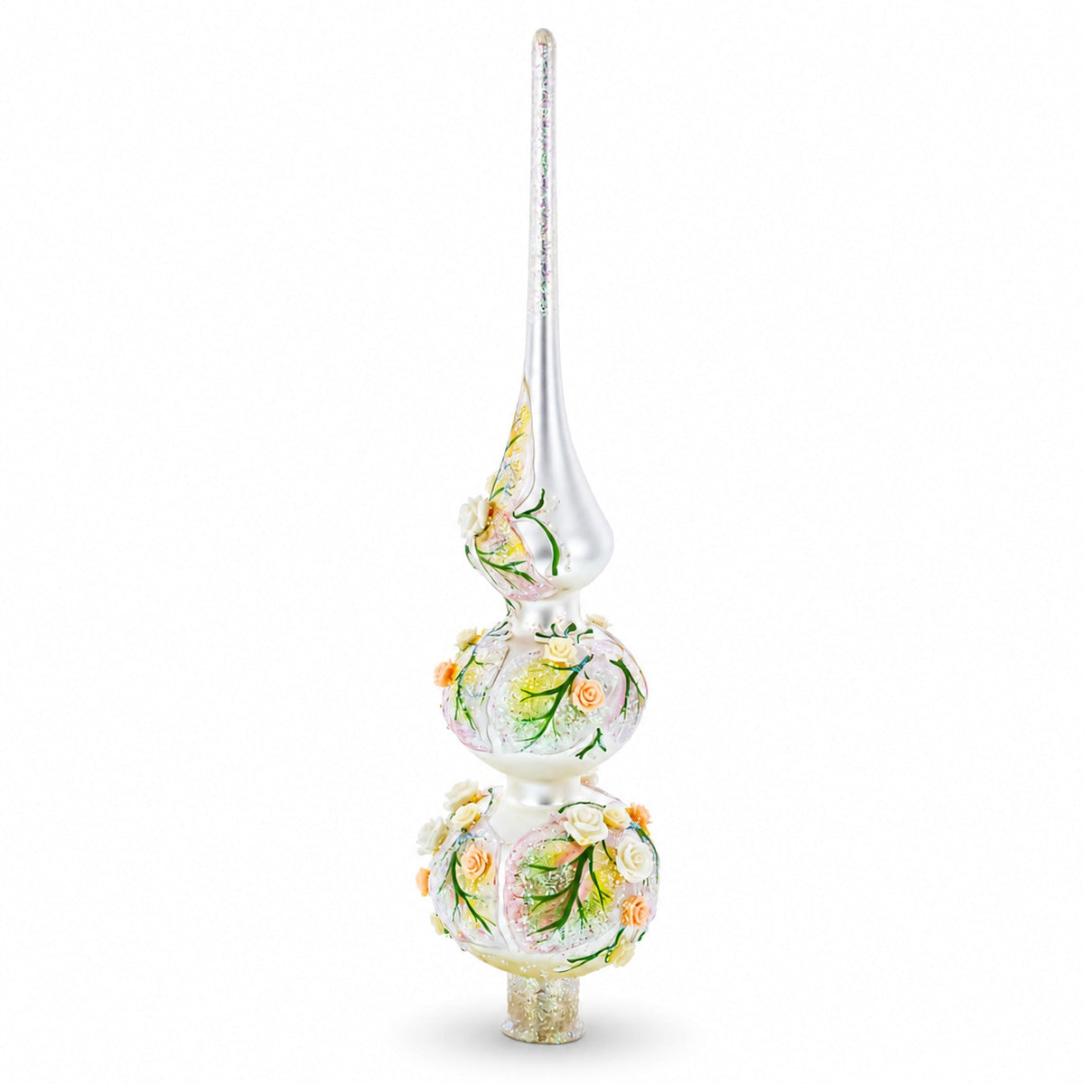 Pink and White Roses Bouquet on Double Ball Glass Christmas Tree Topper 12.5 Inches