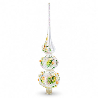 Pink and White Roses Bouquet on Double Ball Glass Christmas Tree Topper 12.5 Inches