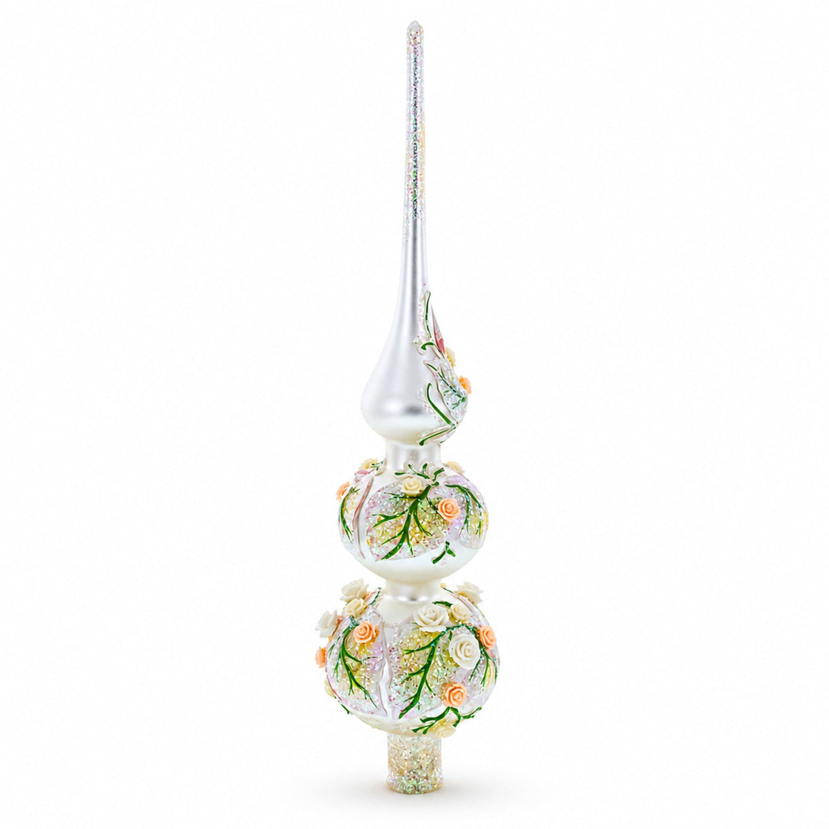 Pink and White Roses Bouquet on Double Ball Glass Christmas Tree Topper 12.5 Inches