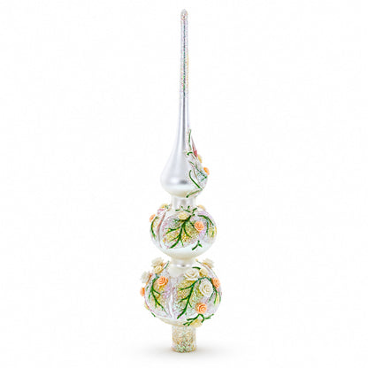 Pink and White Roses Bouquet on Double Ball Glass Christmas Tree Topper 12.5 Inches