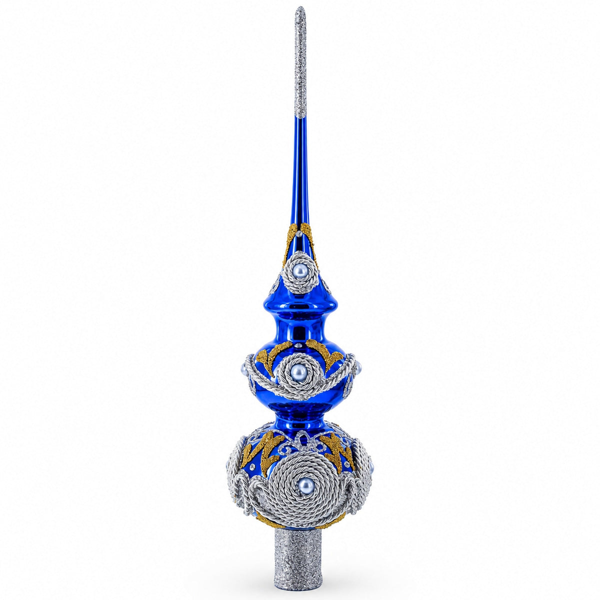 Pearls and Twisted Rope on Double Ball Blue Glass Christmas Tree Topper 12.5 Inches