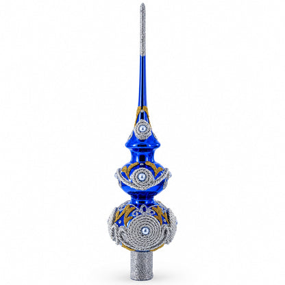 Pearls and Twisted Rope on Double Ball Blue Glass Christmas Tree Topper 12.5 Inches