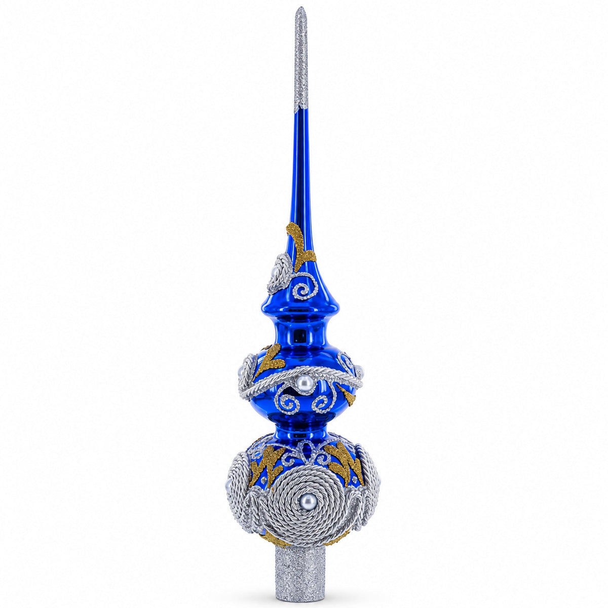 Pearls and Twisted Rope on Double Ball Blue Glass Christmas Tree Topper 12.5 Inches