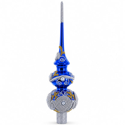 Pearls and Twisted Rope on Double Ball Blue Glass Christmas Tree Topper 12.5 Inches