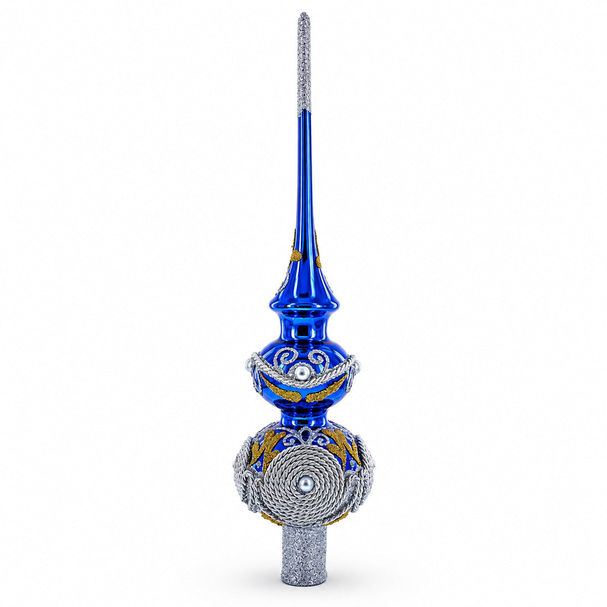 Pearls and Twisted Rope on Double Ball Blue Glass Christmas Tree Topper 12.5 Inches