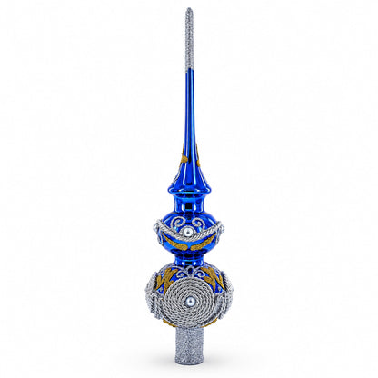 Pearls and Twisted Rope on Double Ball Blue Glass Christmas Tree Topper 12.5 Inches