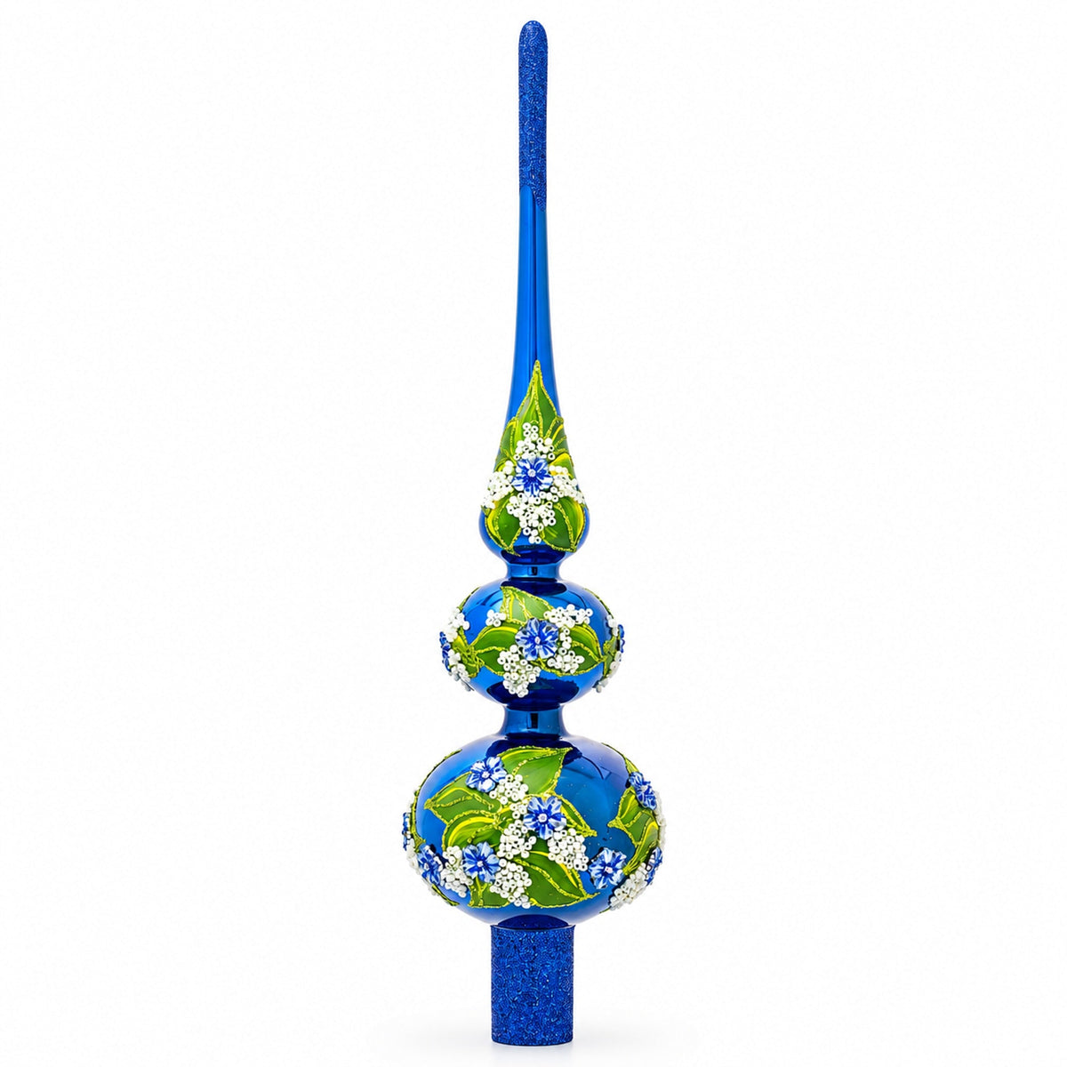 Blue Flowers on Glossy Blue Mouth Glass Christmas Tree Topper 12.5 Inches