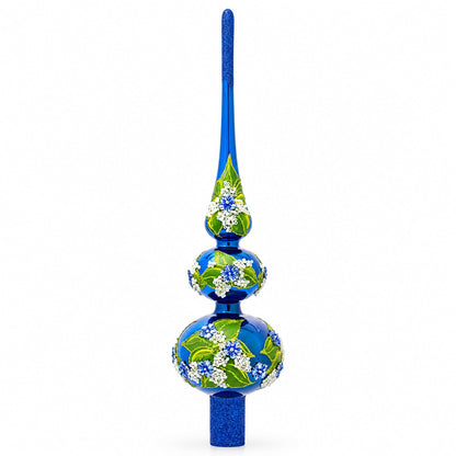 Blue Flowers on Glossy Blue Mouth Glass Christmas Tree Topper 12.5 Inches