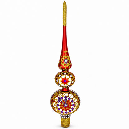 Embossed Clock on Glittered Double Ball Red Glass Christmas Tree Topper 12.5 Inches