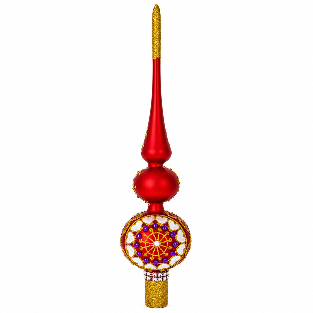 Embossed Clock on Glittered Double Ball Red Glass Christmas Tree Topper 12.5 Inches