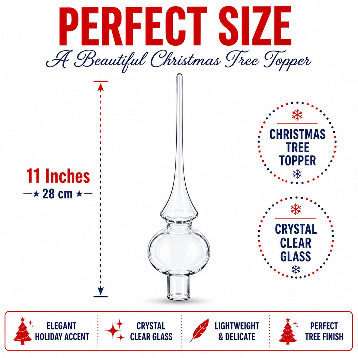Clear Mouth-Blown Finial Glass Christmas Tree Topper 11 Inches
