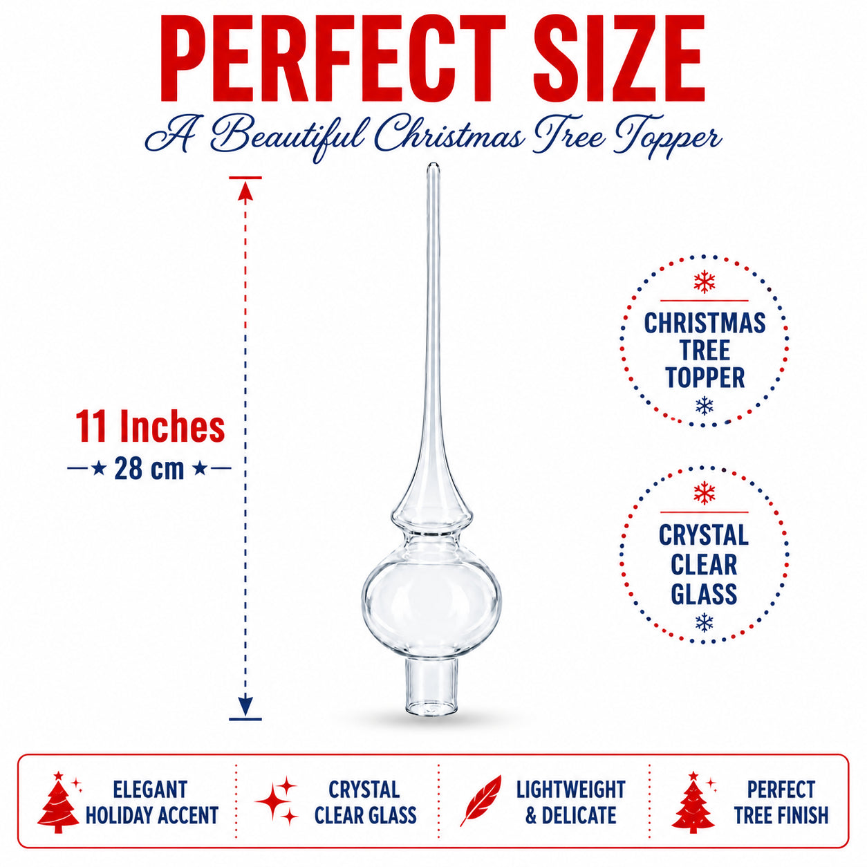 Clear Mouth-Blown Finial Glass Christmas Tree Topper 11 Inches