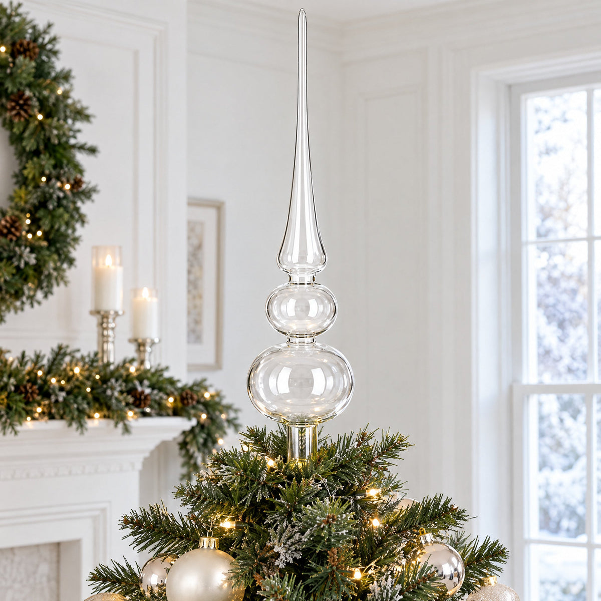 Double Ball Clear Glass Christmas Tree Topper 12.5 Inches