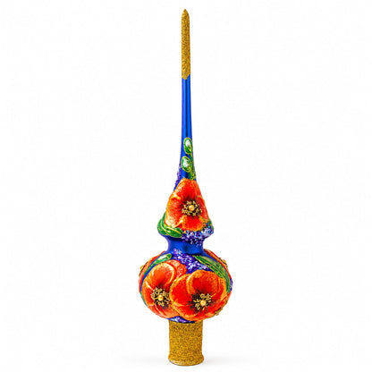 Poppy Flowers on Blue Glass Christmas Tree Topper 11 Inches