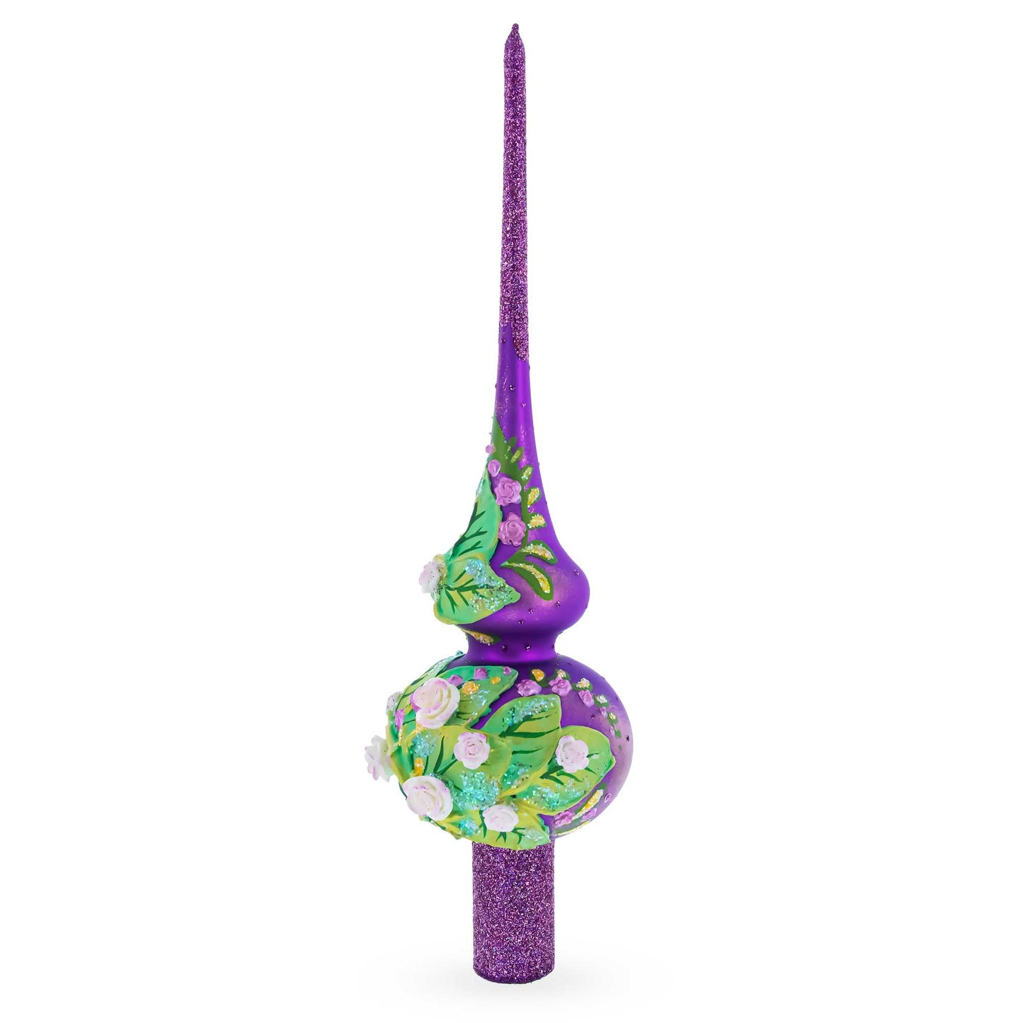 Dimensional Pink Roses on PurpleGlass Christmas Tree Topper 11 Inches