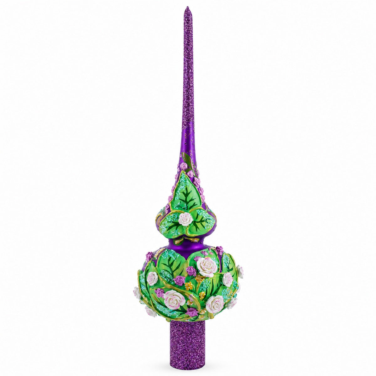 Dimensional Pink Roses on Purple Glass Christmas Tree Topper 11 Inches