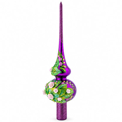 Dimensional Pink Roses on Purple Glass Christmas Tree Topper 11 Inches
