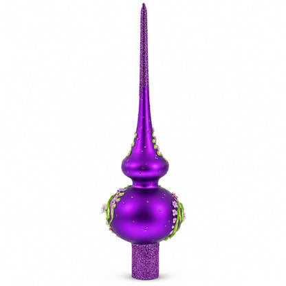 Dimensional Pink Roses on Purple Glass Christmas Tree Topper 11 Inches