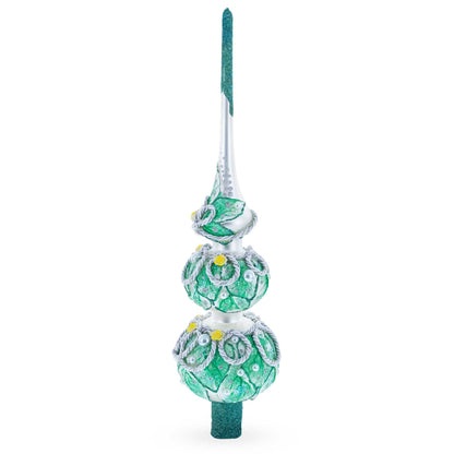 Dimensional Rope and Leaves on White Glass Christmas Tree Topper 12.5 Inches