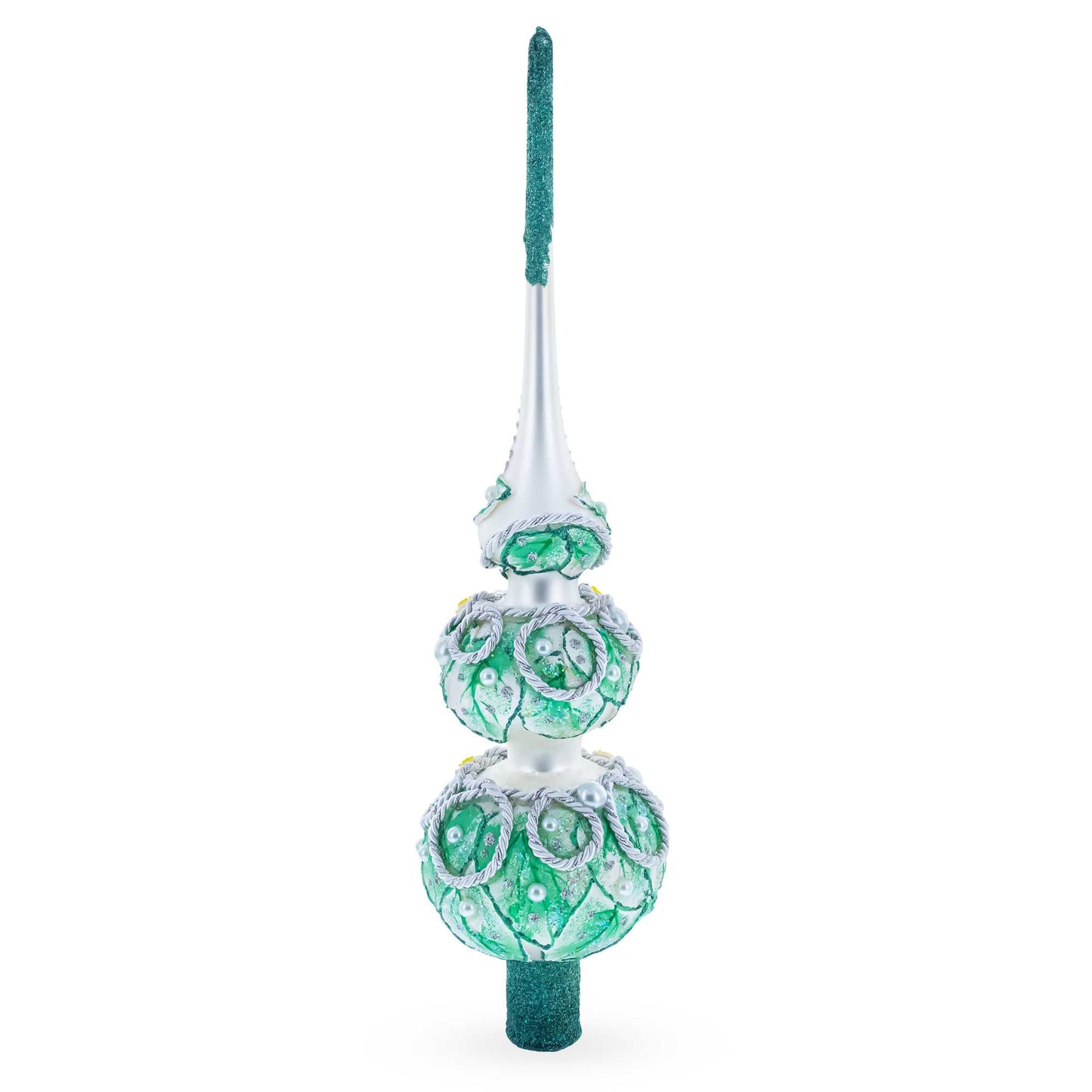 Dimensional Rope and Leaves on White Glass Christmas Tree Topper 12.5 Inches