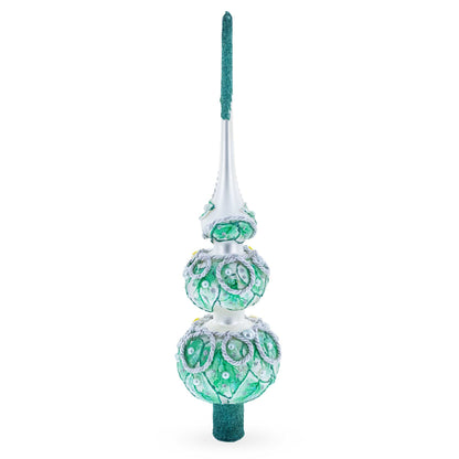 Dimensional Rope and Leaves on White Glass Christmas Tree Topper 12.5 Inches