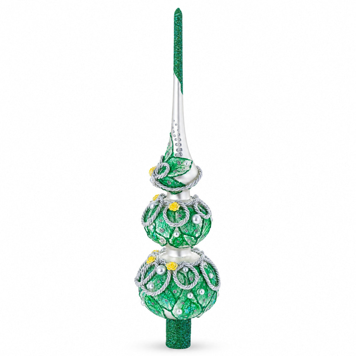 Dimensional Rope and Leaves on White Glass Christmas Tree Topper 12.5 Inches