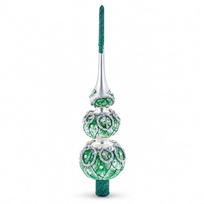Dimensional Rope and Leaves on White Glass Christmas Tree Topper 12.5 Inches