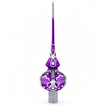 Dimensional White Roses on Purple Glass Christmas Tree Topper 11 Inches