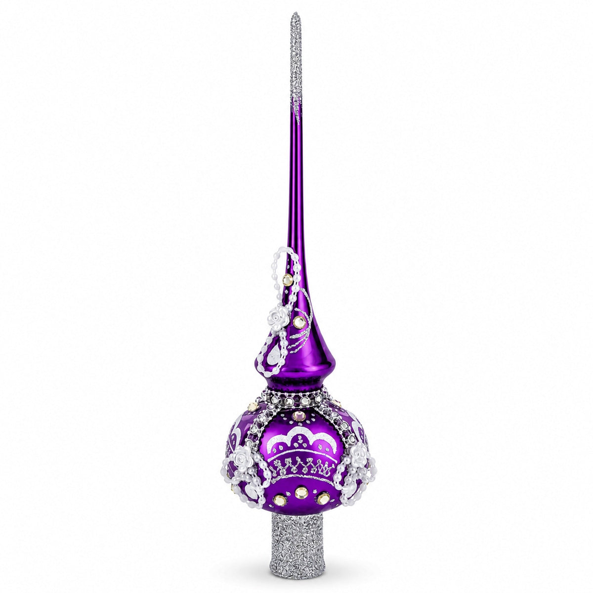 Dimensional White Roses on Purple Glass Christmas Tree Topper 11 Inches