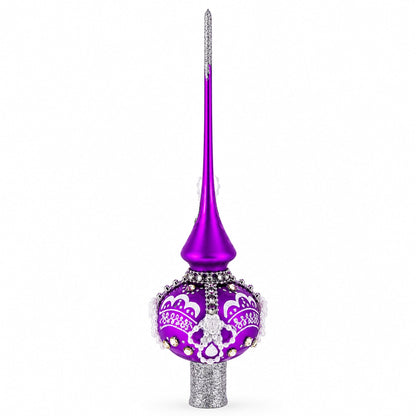 Dimensional White Roses on Purple Glass Christmas Tree Topper 11 Inches