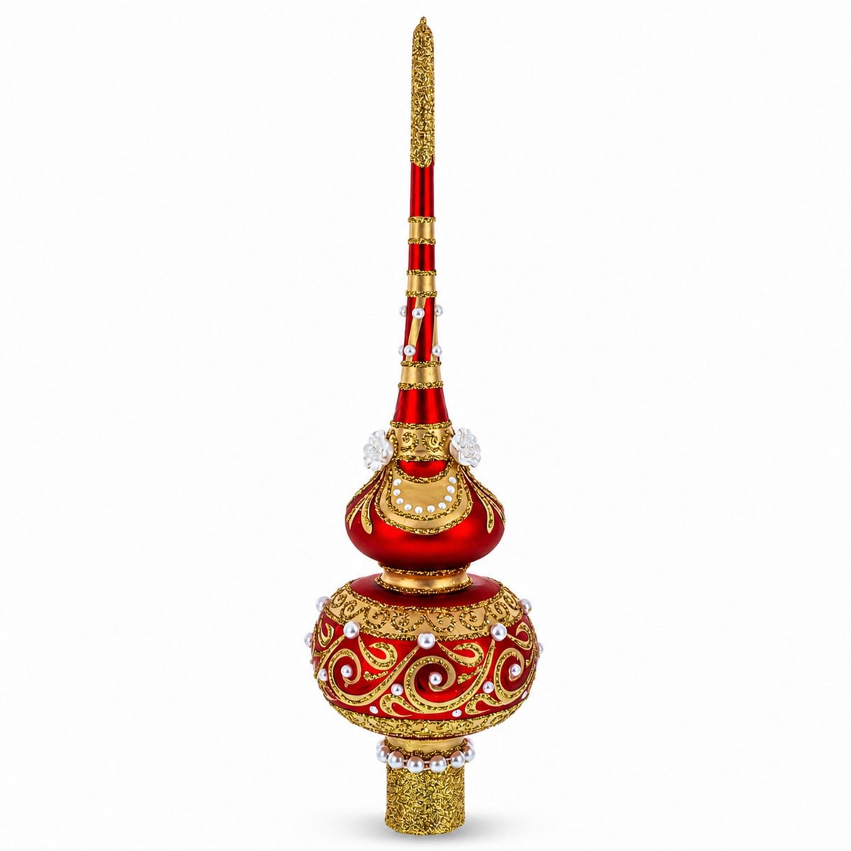 Dimensional Roses and Pearls on Golden Scroll Glass Christmas Tree Topper 11 Inches