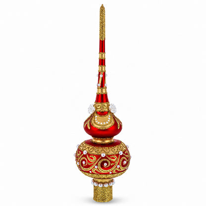 Dimensional Roses and Pearls on Golden Scroll Glass Christmas Tree Topper 11 Inches
