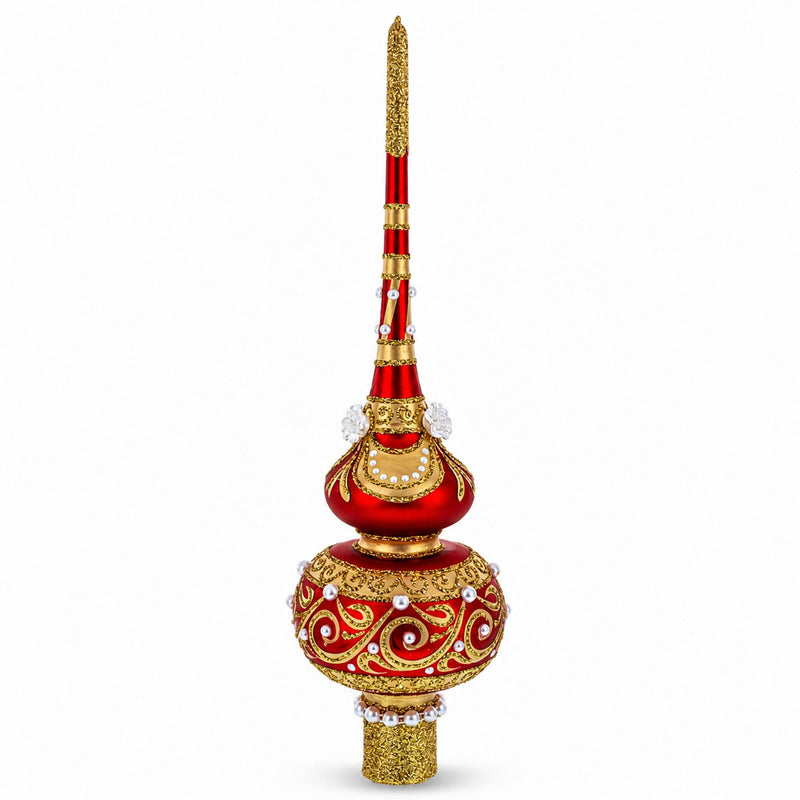Dimensional Roses and Pearls on Golden Scroll Glass Christmas Tree Topper 11 Inches
