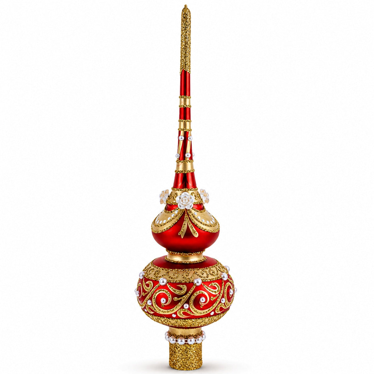 Dimensional Roses and Pearls on Golden Scroll Glass Christmas Tree Topper 11 Inches