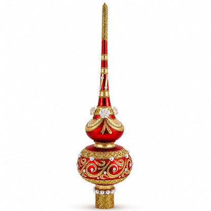 Dimensional Roses and Pearls on Golden Scroll Glass Christmas Tree Topper 11 Inches