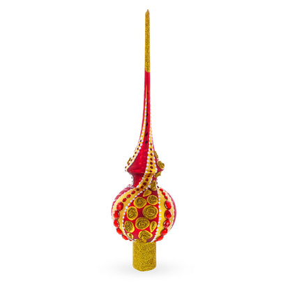 Dimensional Red Jewels on Golden Spirals Glass Christmas Tree Topper 11 Inches