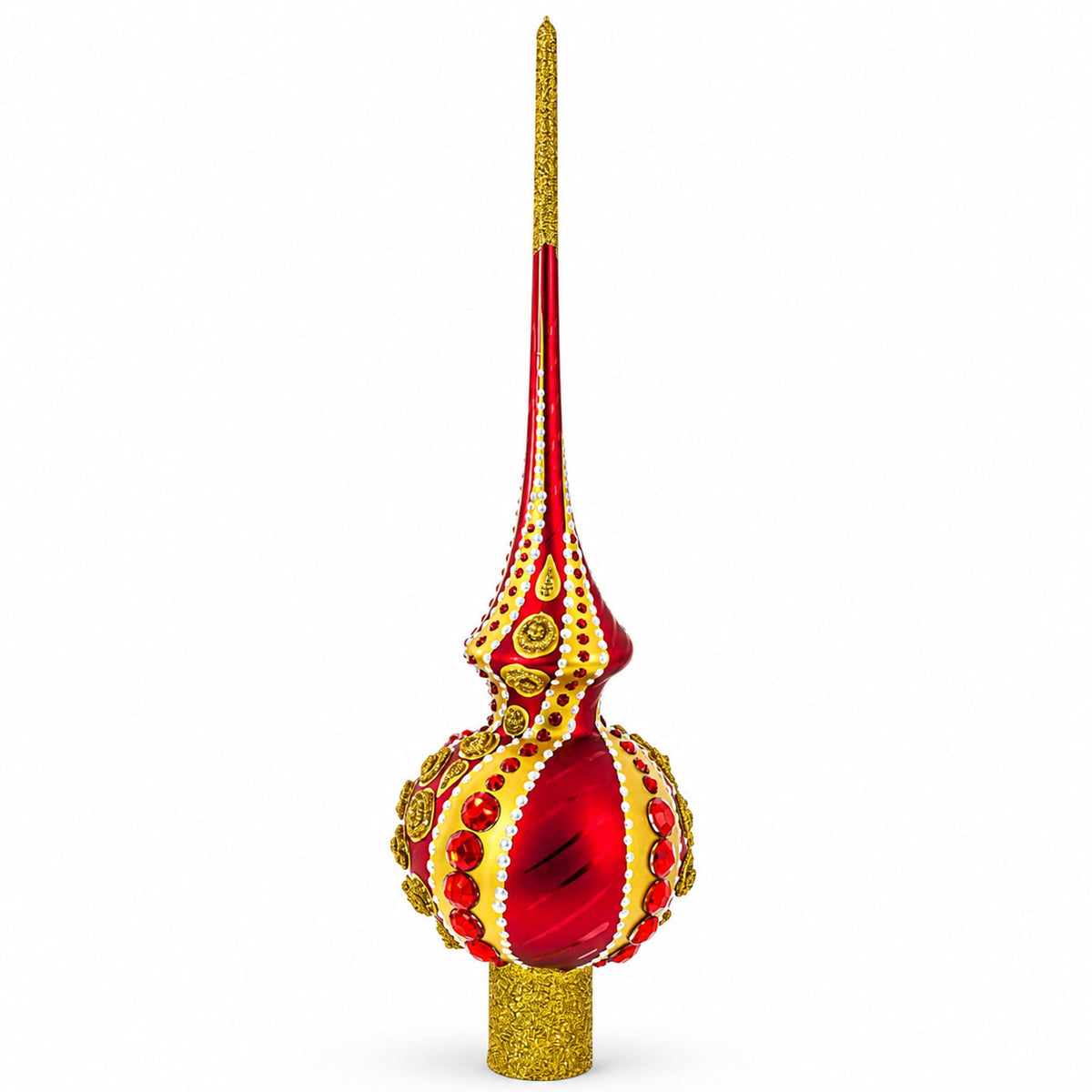 Dimensional Red Jewels on Golden Spirals Glass Christmas Tree Topper 11 Inches