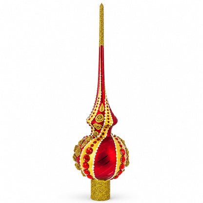 Dimensional Red Jewels on Golden Spirals Glass Christmas Tree Topper 11 Inches