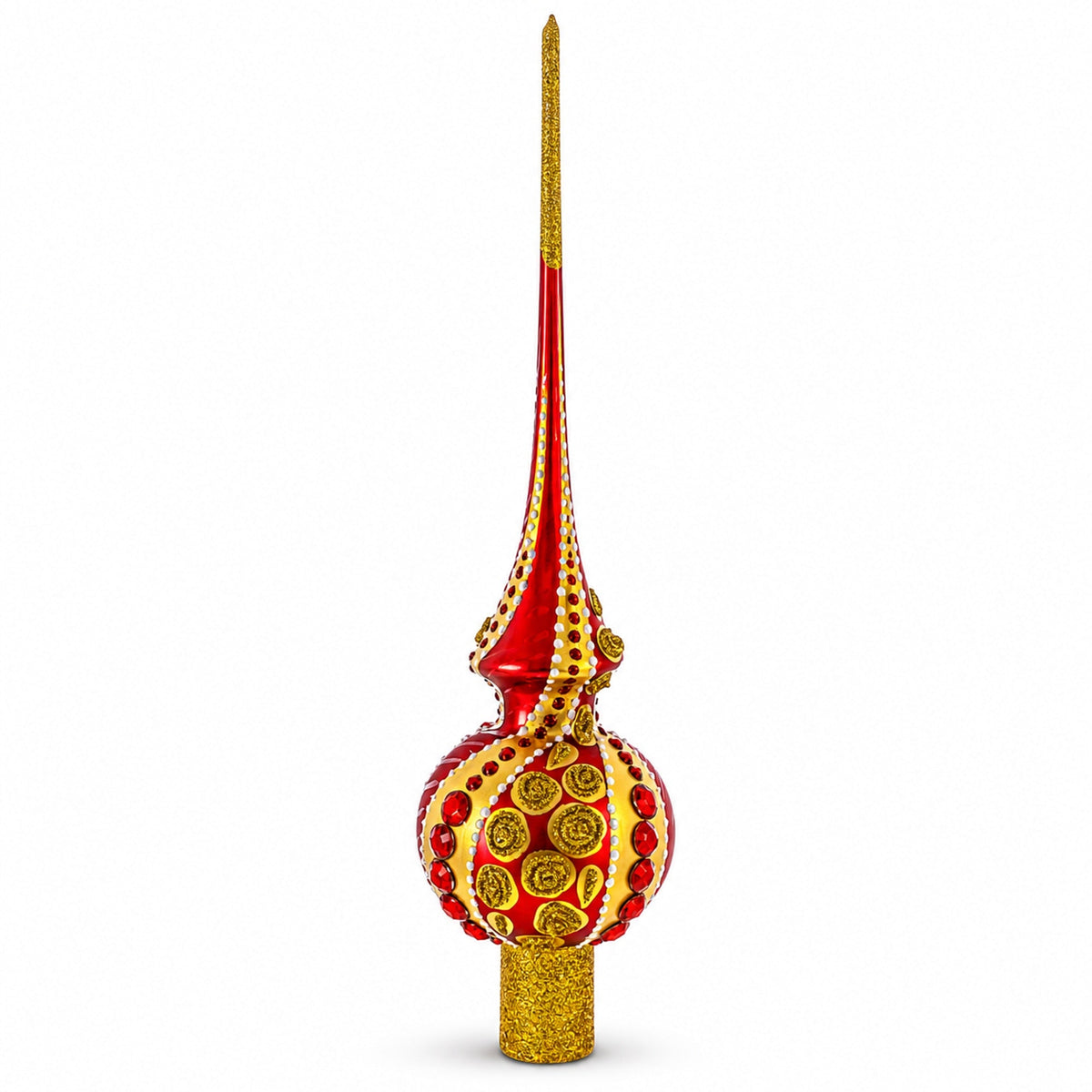 Dimensional Red Jewels on Golden Spirals Glass Christmas Tree Topper 11 Inches