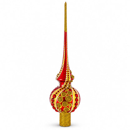 Dimensional Red Jewels on Golden Spirals Glass Christmas Tree Topper 11 Inches