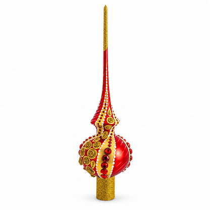Dimensional Red Jewels on Golden Spirals Glass Christmas Tree Topper 11 Inches