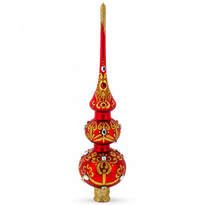 White and Red Jewels with Golden Trellis on Red Glass Christmas Tree Topper 12.5 Inches