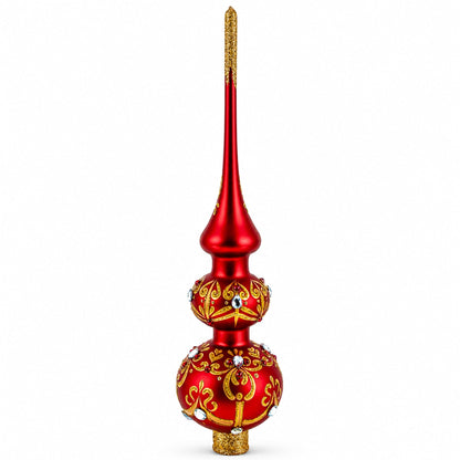 White and Red Jewels with Golden Trellis on Red Glass Christmas Tree Topper 12.5 Inches