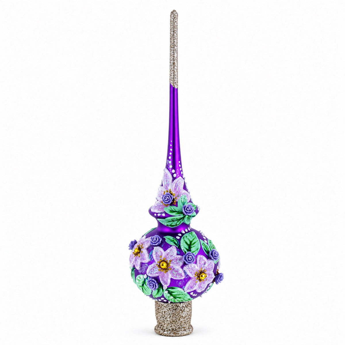 Dimensional Roses on Purple Glass Christmas Tree Topper 11 Inches