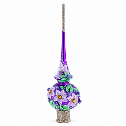 Dimensional Roses on Purple Glass Christmas Tree Topper 11 Inches