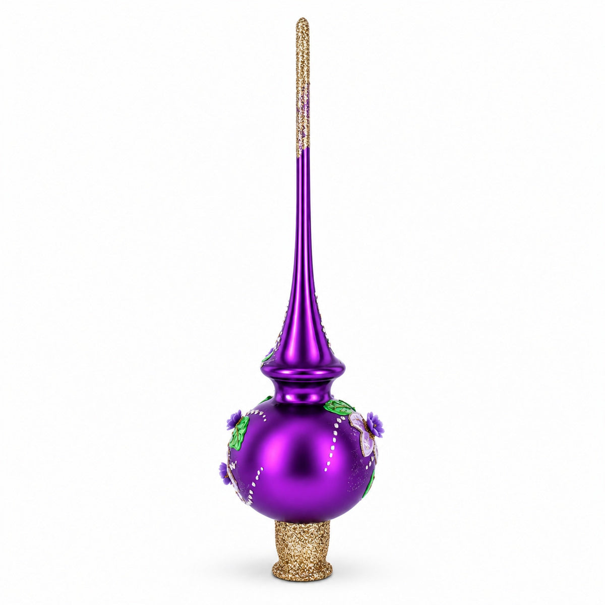 Dimensional Roses on Purple Glass Christmas Tree Topper 11 Inches