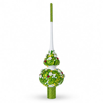 Dimensional White Roses on Green Leaves Glass Christmas Tree Topper 11 Inches